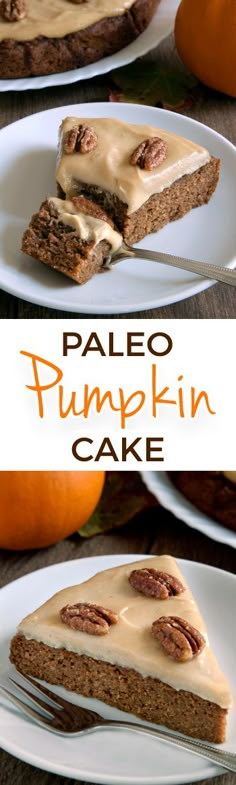 two slices of paleo pumpkin cake on white plates