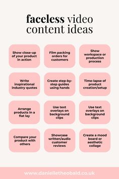 a pink and white poster with the words faceless video content ideas