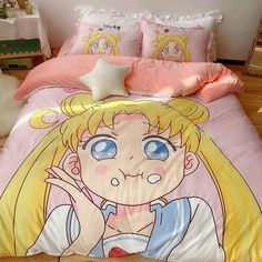 a bed with a cartoon character on it