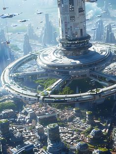 an aerial view of a futuristic city