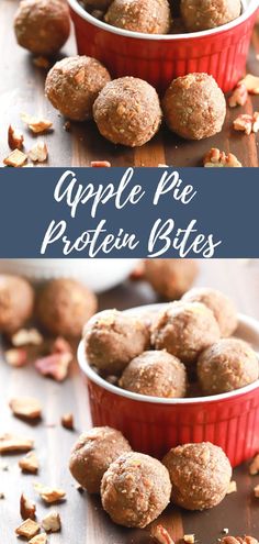 Apple pie protein bites in a small red bowl on a wooden board with a few bites surrounding the bowl. Apple Butter Protein Balls, Protein Balls Apple Cinnamon, Apple Pie Energy Bites, Caramel Apple Energy Bites, Apple Pie Protein Balls, High Protein Apple Snacks, Protein Snacks Meal Prep, Apple Sauce Protein Balls, Apple Pie Energy Balls