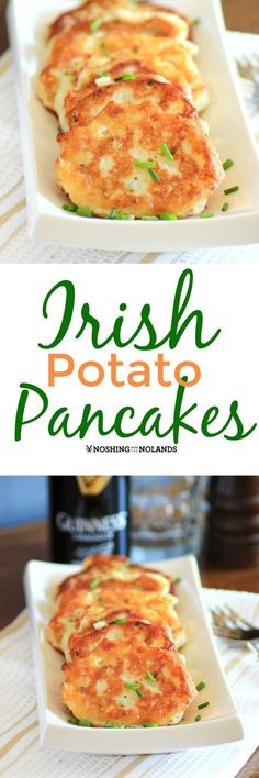 two plates with food on them and the words irish potato pancakes in green letters above it