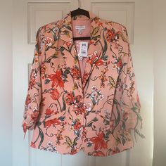 Printed Peachskin Floral Blazer, 3/4 Length Ruched Sleeves With Ties, Button Front Closure, Welt Pockets, Semi-Fitted. Size 4. Chic Orange Blazer For Spring, Orange Floral Print Outerwear For Fall, Spring Peach Outerwear, Peach Long Sleeve Spring Outerwear, Quilted Velvet Jacket, Summer Blazer, Work Blazer, Lace Blazer, Green Tweed