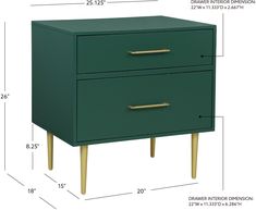 an image of a green nightstand with brass handles and drawers on each side, measurements for the drawer