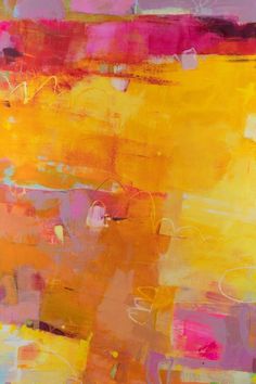 an abstract painting with yellow, pink and orange colors on it's canvases