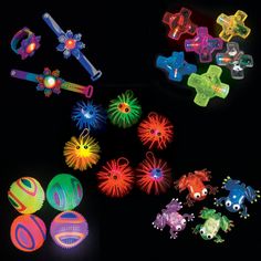 glow in the dark toys are shown with different shapes and colors, including balls, stars, and other objects