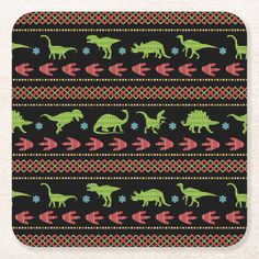 a black background with green and red dinosaurs on it beverage coasters, set of 4