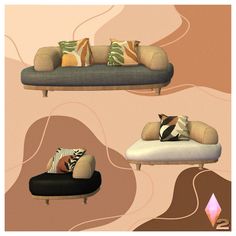 three different couches with pillows on them in front of a pink wall and floor