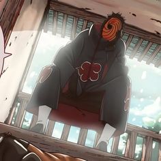 an anime character sitting on top of a wooden bench in front of a window next to another person