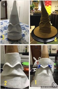 four pictures showing how to make a wizard's hat