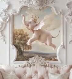 an elephant with a crown on its head is flying in the air above a couch