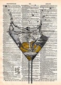 an old book page with a martini glass on it