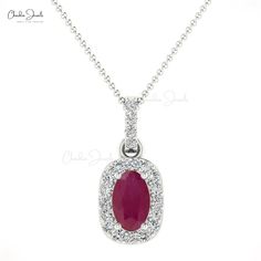 Description A perfect example of grace and elegance, this Ruby Pendant is something you can ask for. Featuring a 7 X 5 mm oval cut sparkling ruby weighing 0.72 carats stud in a 4-prong setting elevates the visual beauty of the pendant necklace. 20 glittering real diamond pieces of 1.5 mm each weighing 0.28 carats and designed in a pave setting create the halo around the ruby producing an awe-inspiring look. The red ruby and white diamonds are skillfully placed in 14k solid gold making this piece Classic Ruby Necklace With Diamond Cut, Oval Ruby Necklace With Brilliant Cut, Classic Necklace With Lab-created Ruby, Classic Ruby Necklace With Prong Setting, Classic Necklace With Lab-created Ruby Gemstone, Classic Style Necklaces With Lab-created Ruby Gemstone, Classic Necklaces With Lab-created Ruby Gemstone, Oval Ruby Necklaces In White Gold, Classic Jewelry With Gia Certified Lab-created Ruby