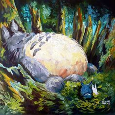 an oil painting of a hippo laying in the grass next to some trees and bushes