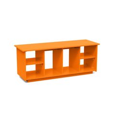 an orange shelf sitting on top of a white wall