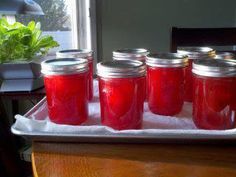 several jars filled with red liquid sitting on top of a white tray next to a potted plant