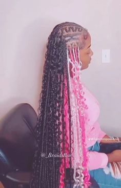 @Finesse2timess Dyed Braided Hairstyles, Cute Hairstyles Braids Black Teens, Braids With Color And Curls, Braids With Different Colors, Pink And Black Boho Braids, Braids With Blue Highlights, Cute Box Braids Hairstyles With Color, Colored Braided Hairstyles, Pink And Black Hairstyles