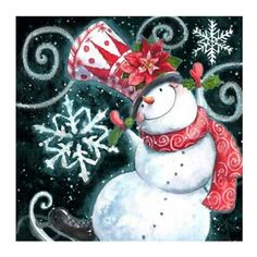 a painting of a snowman with a red hat and scarf on it's head