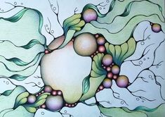 an artistic painting with many different shapes and colors on the surface, as well as bubbles