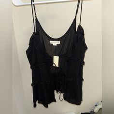 Never Worn, Black Tie Front Tank Top, Can Tie It Tight Or Leave It Loose. Straps Are Adjustable. Size L Black Summer Tank Top For Night Out, Black Spaghetti Strap Top For Day Out, Black Spaghetti Strap Summer Tops, Lace Tie Top, Black Tie Front Top, Tie Front Tank Top, Stage Outfit, Lace Tie, Tie Front Top