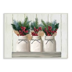 three white jars with red berries and greenery in them are sitting on a shelf