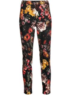 black/multicolour stretch-cotton all-over floral print piped-trim detailing high waist concealed front fastening belt loops two rear welt pockets cropped High Waist Floral Print Work Pants, High Waist Floral Print Pants For Work, Fitted Floral Print Tapered Leg Pants, High Waist Floral Print Bottoms For Work, Workwear Floral Print Tapered Leg Pants, Wide Leg Jeans Cropped, Straight Leg Jeans Men, Printed Palazzo Pants, Adam Lippes