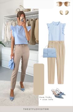 Work Outfit Women Fall, Outfit Ideas 2023 Style, Cute Summer Work Outfits For Women, Color Business Outfits, Elegant Slacks Outfit, Spring Slacks Outfits, How To Style A Beige Pants, Blue And Khaki Outfits For Women, Cool Summer Work Outfits