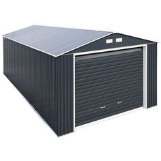 a metal garage with the door open