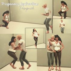 the pregnant women are posing for pictures in their white shirts and gray pants, while holding each other's belly