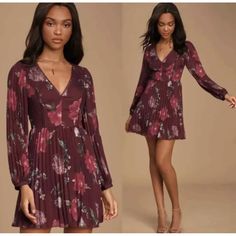 Lulus Exclusive! The Lulus Win The Day Burgundy Floral Print Pleated Long Sleeve Dress Is Bursting With Romantic Vibes! Lightweight Chiffon, In A Burgundy, Red, Green, Blush, And Cream Floral Print Shapes This Sweet Dress With A V-Neckline And Long, Pleated Balloon Sleeves With Button Cuffs. A Princess-Seamed Bodice Sits Above A Pleated Skater Skirt With A Mini Hem. Darling Crochet Accents The Neck And Bodice. Hidden Back Zipper/Clasp. Lined. Self: 100% Polyester Lining: 100% Polyester Hand Wash Purple Pleated Mini Dress, Purple Pleated Dress For Date Night, Burgundy Floral, Lulu Dresses, Sweet Dress, Skater Skirt, Pink Purple, Bodice, Chiffon