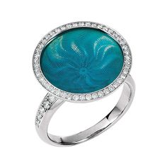 Victor Mayer Trance Collection Opalescent Turquoise Enamel Ring in 18k White Gold with 57 Diamonds (total 0.55 ct, G VS) in diamond bezel and on ring shank. VICTOR MAYER is a fine jewelry house known for its sophisticated craftsmanship. Since 1989, the company has been closely associated with the Fabergé name as a workmaster. The company was founded by Victor Mayer in Pforzheim, Germany in 1890 and is managed by his great-grandson Dr. Marcus Oliver Mohr. The inimitably luminous colors are litera Turquoise Diamond Rings, Peacock Ring, Ring Shank, Vitreous Enamel, Eye Ring, Enamel Ring, Enamel Jewelry, 00 00, Bezel Diamond