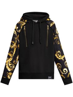 black/gold-tone cotton baroque-pattern print long sleeves multiple zip-fastening pockets ribbed cuffs and hem drawstring hood Luxury Long Sleeve Hoodie With Ribbed Cuffs, Luxury Long Sleeve Hoodie For Fall, Luxury Hoodie Sweatshirt, Luxury Sweatshirt With Drawstring Hood, Gold Long Sleeve Sweatshirt For Winter, Gold Long Sleeve Sweatshirt For Fall, Versace Sweater, Versace Jeans Couture, Versace Jeans