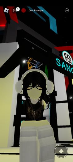 an animated woman wearing headphones and sitting in front of a computer screen with the words sano on it