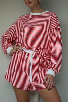 Color: Red white stripe Loungewear set Elastic waistband Self tie front Crew neck sweater top Long sleeve Comfortable fit 100% cotton True to size. Model wears size x-small Loungewear Set, Home Outfit, Red And White Stripes, Skirt Pants, Crew Neck Sweater, Dress Pants, Neck Sweater, Outfit Sets, Sweater Top