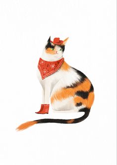 an orange and white cat wearing a red bandana sitting on top of a floor