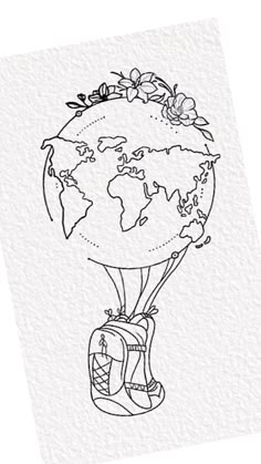 a drawing of the earth with flowers on it and an air balloon attached to it