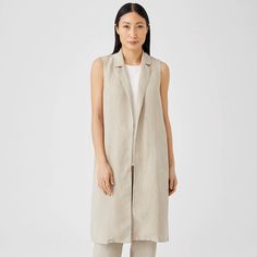 Long and easy. A notch collar vest with on-seam pockets and a back vent. Lightweight in a sustainable blend of Tencel™ Lyocell and linen. Luxury Hangers, Hotel Uniform, Collar Vest, Easy A, Notch Collar, Sleeveless Vest, Notched Collar