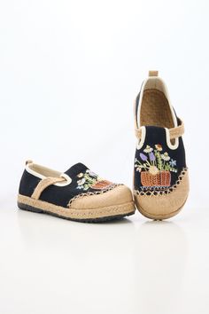 These light breathable espadrilles feature delicate embroidery for a touch of whimsy. Made with linen, they're perfect for a day of fun in the sun. (No prickly cacti here - just flowers and comfort!) 0.59" heel Slip-on 100% Linen upper No lining Natural straw mat breathable insole Rubber sole Summer Embroidered Espadrilles With Round Toe, Spring Embroidered Round Toe Espadrilles, Casual Embroidered Closed Toe Espadrilles, Casual Flat Embroidered Espadrilles, Embroidered Closed Toe Espadrilles For Summer, Embroidered Closed Toe Espadrilles For Spring, Spring Embroidered Closed Toe Espadrilles, Spring Embroidered Slip-on Espadrilles, Embroidered Slip-on Espadrilles For Spring