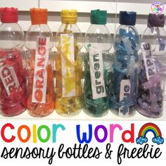 the colorful bottles are labeled with words and candy canes in each bottle, along with an additional color word