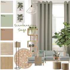 a living room filled with furniture and decor in shades of green, beige, and grey