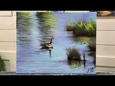 a painting of a duck swimming in the water with grass and plants on it's sides