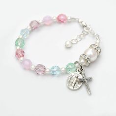 Baptism Gift for Baby Girl  Beautiful Swarovski Crystal Beaded Pearl Bracelet For Birthday, Adjustable Pearl Beaded Bracelet For Birthday, Pink Beaded Jewelry For First Communion, Pink Beaded Jewelry For Baptism, Pearl Jewelry For Baptism With Round Beads, Rosary Bracelet With 8mm Round Beads For Baptism, Adjustable Rosary Bracelet With Round Beads For Baptism, Adjustable 8mm Beads Rosary Bracelet For Baptism, Adjustable Pearl Bracelet With Round Beads For First Communion