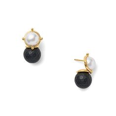 Elegant, snug, and ladylike. The Details: 10mm white mother of pearl cabochon top 12mm facetted matte black onyx drop surgical steel post with large, secure, hypoallergenic rubber backing overall length 3/4” polished 14 karat gold over brass Modern Pearl Earrings, Kinetic Jewelry, White Lady, Silver Pearl Earrings, Coin Earrings, Gold Pearl Earrings, Steel Post, Silver Pearls, Elegant Earrings