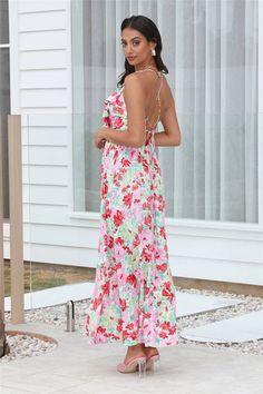 Length from shoulder to hem of size S: 110cm. Maxi dress. Semi-lined. Model is a standard XS and is wearing size XS. True to size. Non-stretch. V-neck Frill. Crisscross back. Split. Zipper. Cold hand wash only. Print placement may vary. Rayon. Channel your inner style with the All Season Long Maxi Dress. Featuring a V-neck and crisscross back. Style with heels for all the compliments. Coral Mini Dress, First Day Outfit, Maxi Dress Red, Prom Shopping, White Prom Dress, Bridal Shower Dress, Shower Dresses, Jumpsuits And Romper, Feather Dress