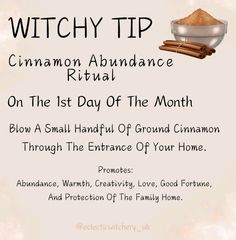 a sign that says witch tip cinnamon abundance ritual on the 1st day of the month