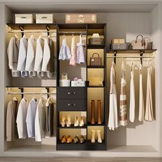 an organized closet with clothes and shoes