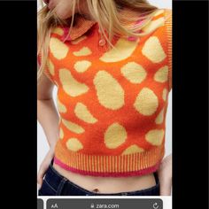 Zara Knit Sweater Fun Print With Summer Colors Perfect Paired With Shorts , Sneakers Or Layered Look With Jeans Crop Vest, Shirts Women Fashion, Yellow Knit, Cropped Vest, Zara Sweater, Long Knit, Jacquard Knit, Weekend Outfit, Chunky Knits Sweater