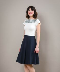 "Simple elegance! A beautiful dress is made of thicker knit fabric with a wide skirt and short sleeves. Very elegant in dark blue and rosé. Especially nice is the elegant neckline in off-white. The skirt swings at each movement of the loose-fitting form. Size / Weight / Length: appr. 100 cm \"Betty\" is available in sizes 36-42 or for your measurements. materials Viscose, Spandex Care instructions: Wash at 30 degrees, iron hot from left Production Handmade in berlin" Navy Short Sleeve Classic Dress, Navy Classic Short Sleeve Dress, Navy Stretch Short Sleeve Dress, Betty Dress, Star Dress, Simple Elegance, Skater Skirt, Knitted Fabric, High Waisted Skirt