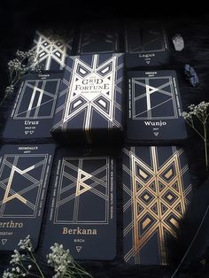 Rune cards in black and gold and an elegant hard box Black And Gold Aesthetic, Rune Symbols, Futhark Runes