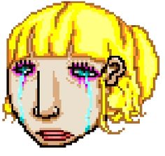 the face of a blonde haired woman with blue eyes and pink cheeks, in pixel art style